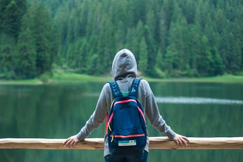 Orang Yang Mengenakan Jaket Hoodie Abu Abu Mengamati Danau