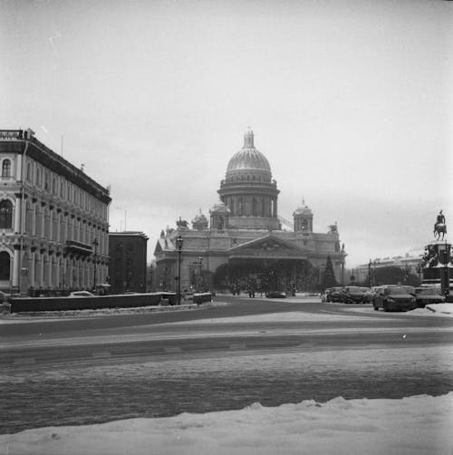 Black and White Photo of Cathedral and Street