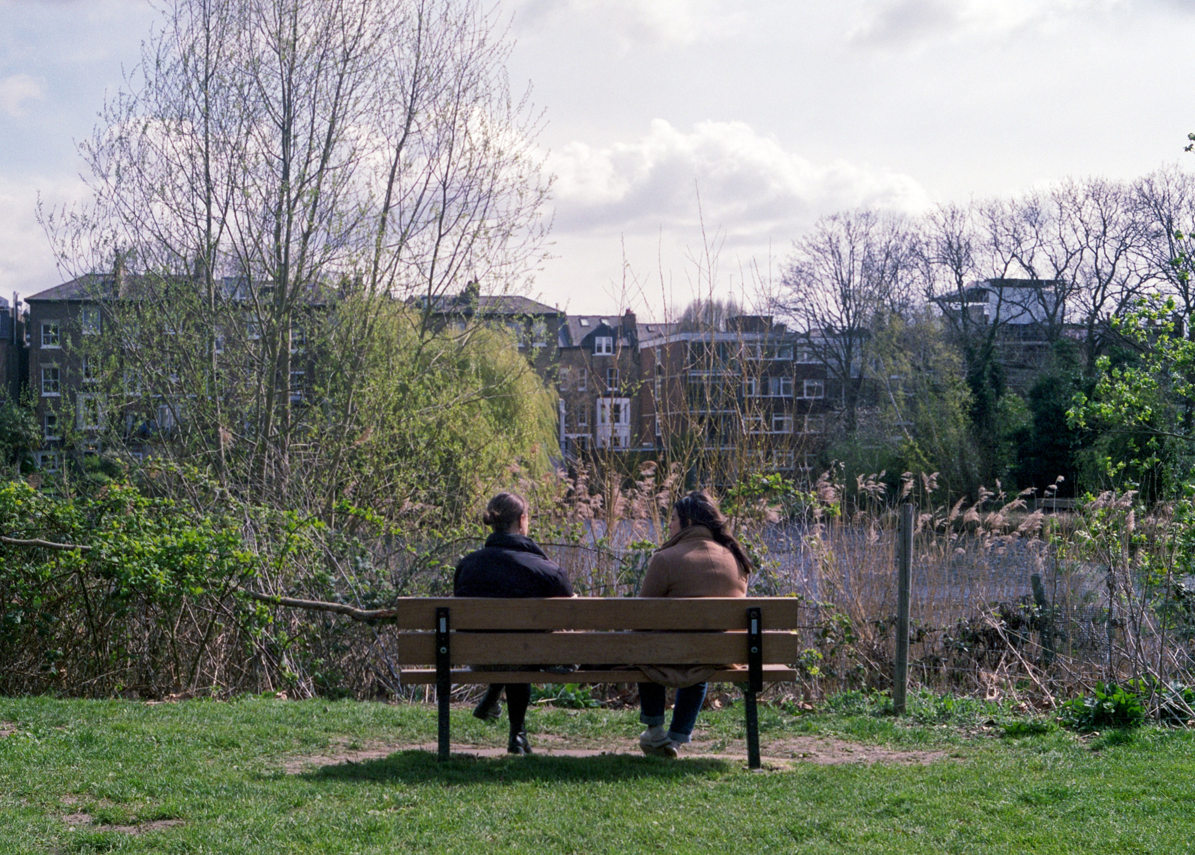 two friends sitting on a park bench, one looking at a phone, the other looking away, with soft afternoon lighting