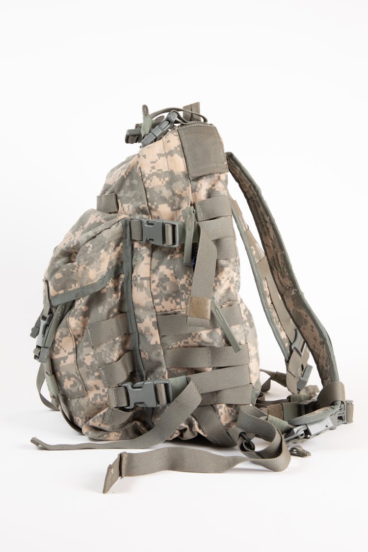 Close-Up Shot Of A Military Rucksack Bag On White Background