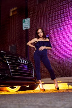 A woman in a blue outfit poses confidently beside an Audi car under vibrant street lights.