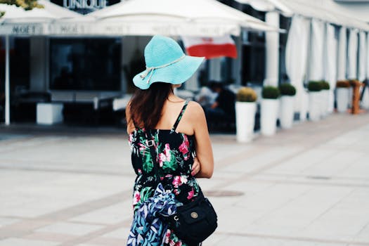 Back view of a young woman wearing a floral dress and hat walking outside a cafe.