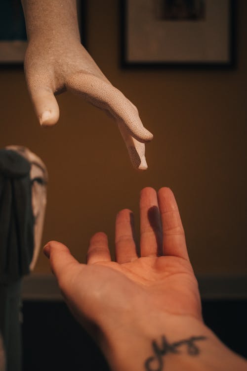 Close-up of Person Reaching Their Hand Toward the Hand of a Sculpture 