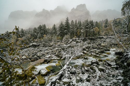 Free Serene winter landscape featuring a snowy forest and clear stream in Ossetia, Russia. Stock Photo