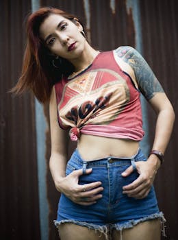 Confident woman with red hair in denim shorts and graphic tee posing outdoors, showcasing vibrant style.