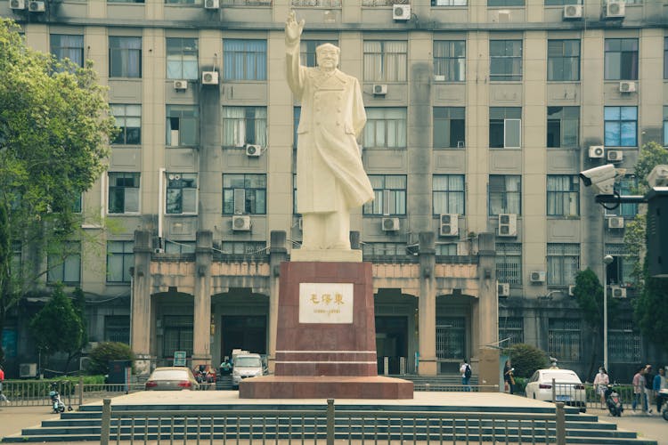 Statue Of Mao Before State Building In Chinese City