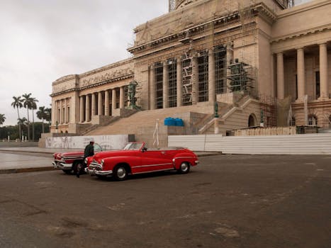 Vintage cars parked in front of a historic building in Havana, Cuba, showcasing architectural beauty.