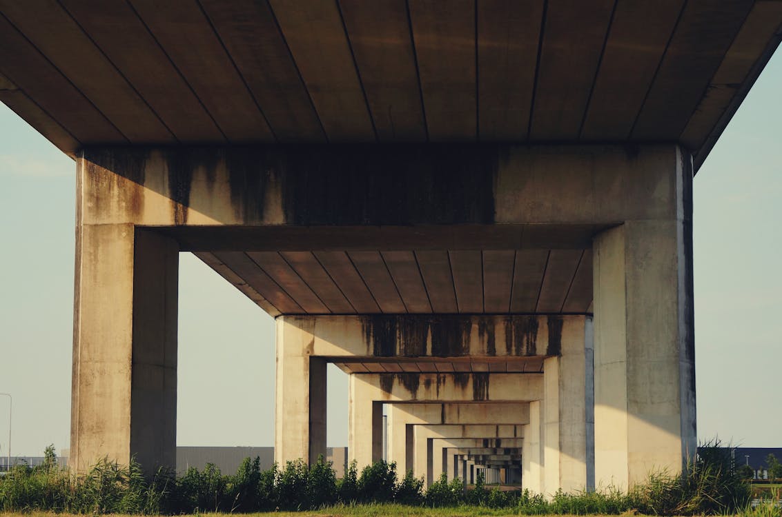 무료 회색 콘크리트 높은 고속도로 아래 푸른 잔디 스톡 사진