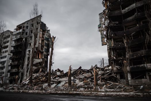 Demolished buildings in Borodyanka, Ukraine, showcasing urban devastation.
