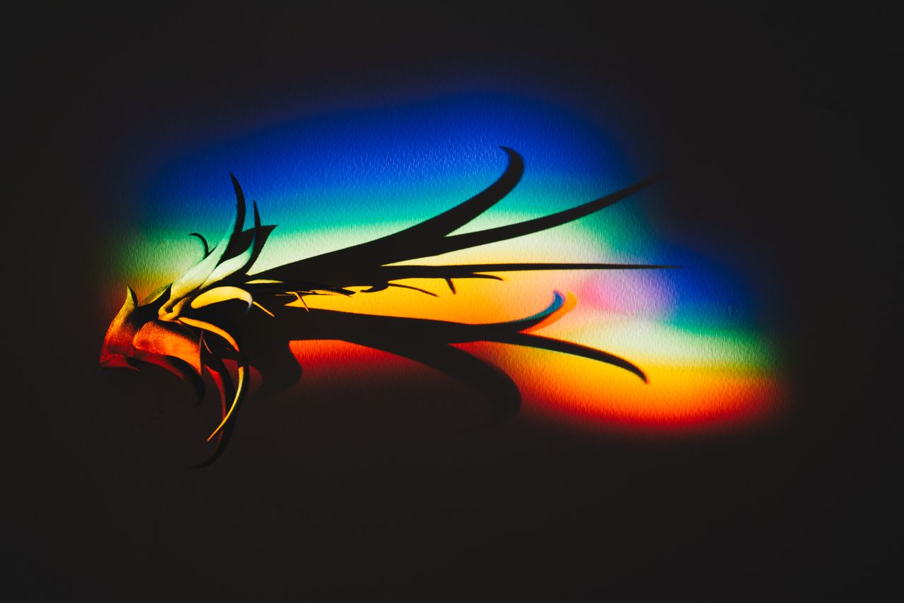 colorful abstract light pattern creating dynamic shadows on a dark sur