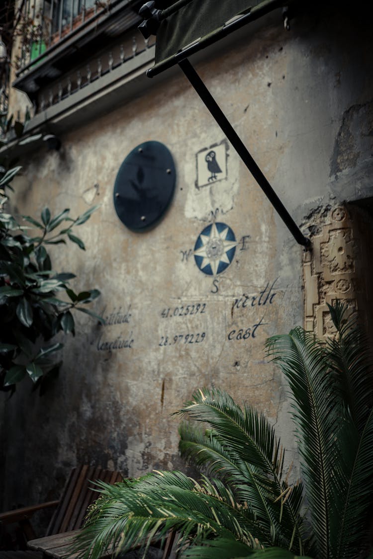 Longitude, Latitude And A Compass Rose Painted On A Wall Outside The Karabatak Cafe