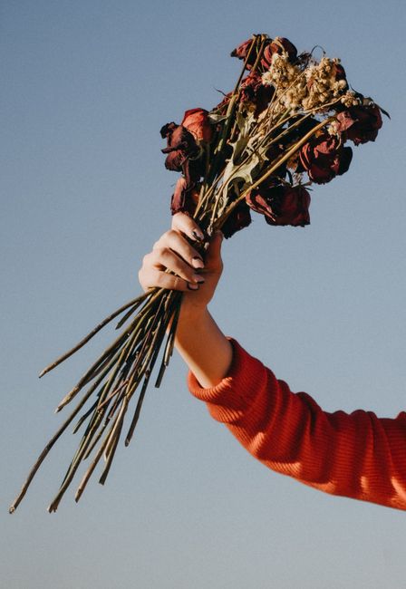 A hand holding a bunch of dried flowers against a clear blue sky, symbolizing endurance and natural beauty.