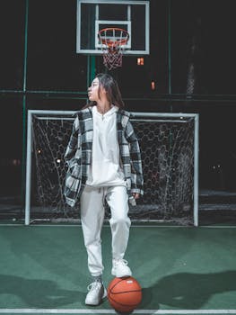 Fashionable woman in urban outfit posing with basketball on outdoor court at night, capturing athletic style.