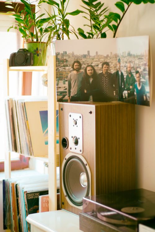 Free Modern living space with a speaker, vinyl records, and indoor plants, creating a cozy ambiance. Stock Photo