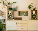 复古家居内饰通过配备复古音响、扬声器和室内植物，营造出舒适的氛围