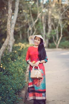 Asian woman in traditional dress with conical hat smiling in park.