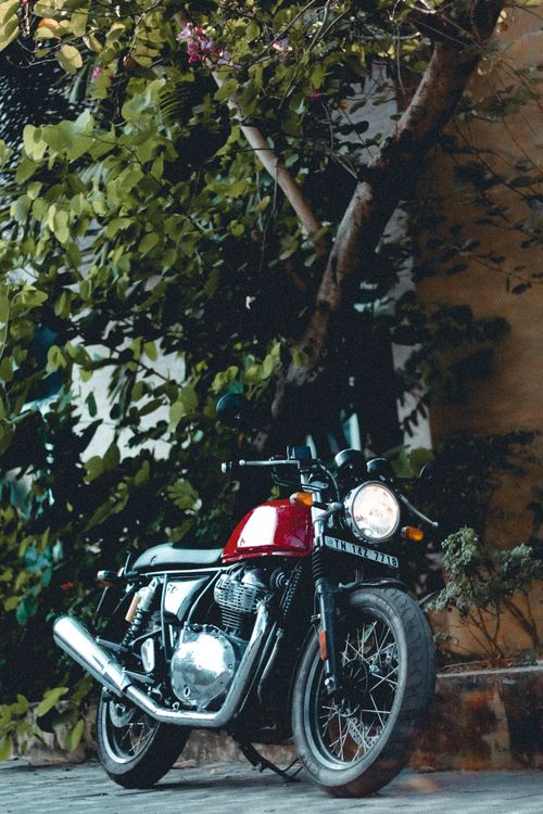 Free Vintage motorcycle parked on a sunlit street surrounded by greenery. Stock Photo