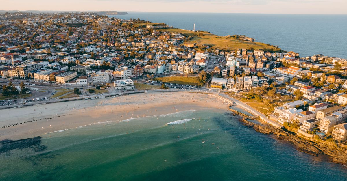 Beautiful aerial view of Bondi Beach in Sydney, Australia, captured at sunrise.