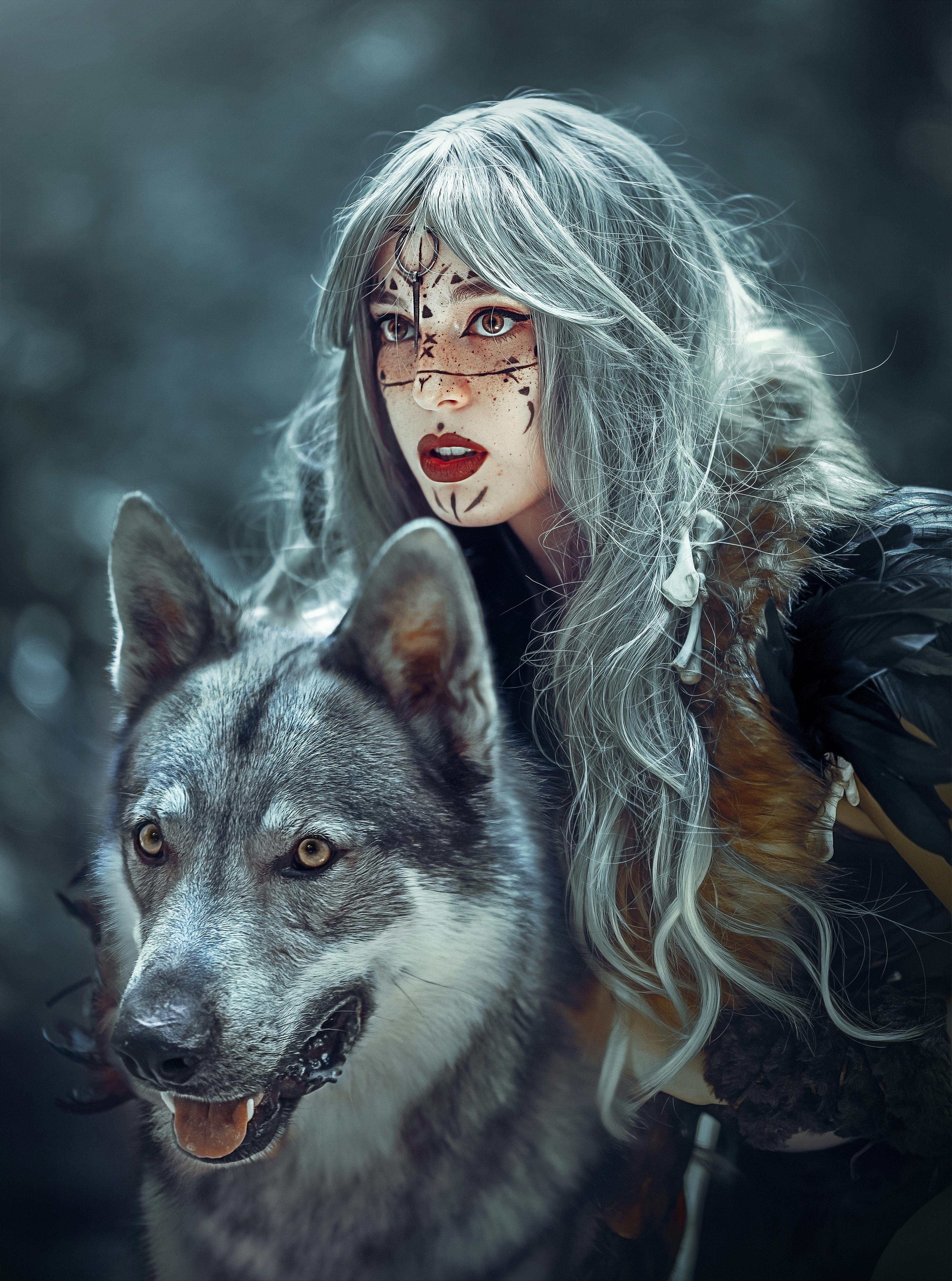 Portrait of Woman in Face Paint with Her Wolf · Free Stock Photo