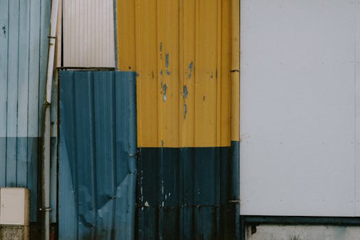 Urban corrugated metal sheets in blue and yellow, showcasing texture and color contrast.