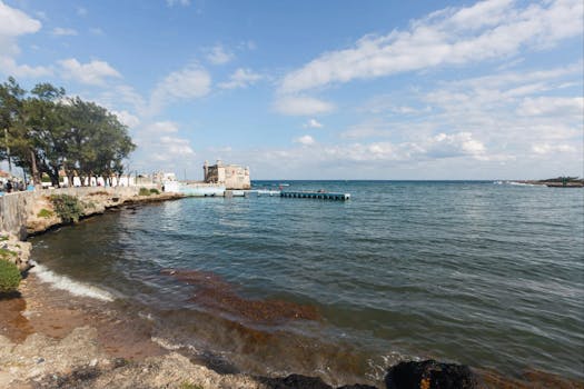 Scenic view of Cojimar Bay in Cuba with a serene shoreline and vibrant blue sea.