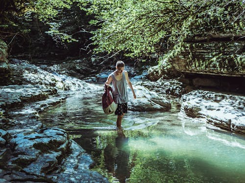 免費 在石頭和樹之間的河上行走的人 圖庫相片