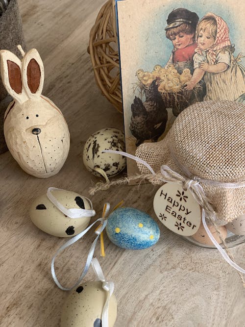 Close-Up Shot of Easter Eggs on Wooden Surface