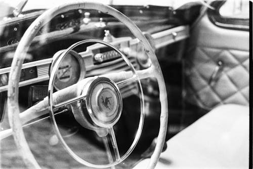 Grayscale Photo of a Steering Wheel