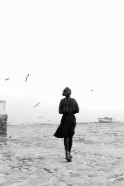 A woman walks along a waterfront in black and white, with birds flying around her.