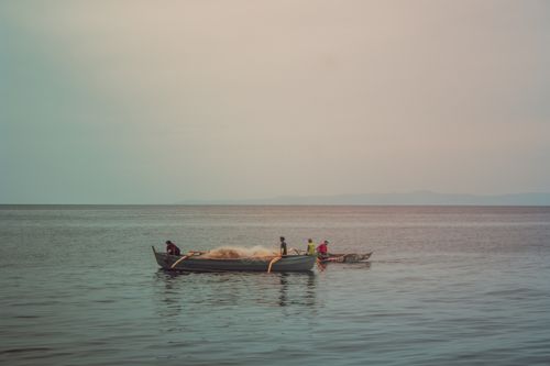 Free Fishermen on traditional boats casting nets during sunrise on Negros Island, Philippines. Stock Photo