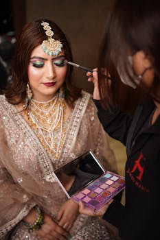Indian bride having makeup applied with an eyeshadow palette indoors.
