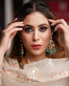 Close-up of a bride showcasing makeup and ornate earrings in a vertical shot.