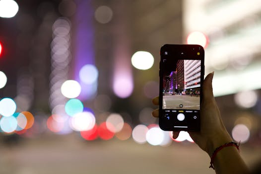 Street scene in Houston captured with smartphone showcasing vibrant bokeh lights.