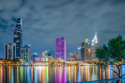 Free City Buildings During Night Stock Photo