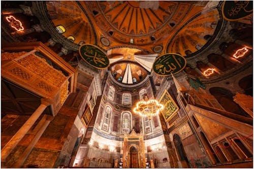 Low Angle Shot of the Hagia Sophia Grand Mosque Dome Ceiling