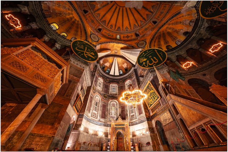 Low Angle Shot Of The Hagia Sophia Grand Mosque Dome Ceiling