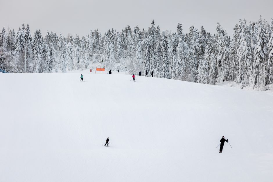 Skiers gliding down the snowy slopes of Vuokatti, Finland, surrounded by a winter forest.