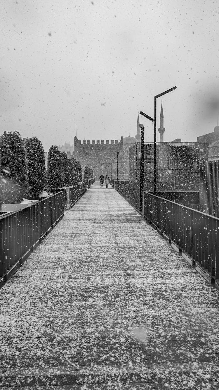 Black And White Photo Of Snow Falling On A Wooden Bridge