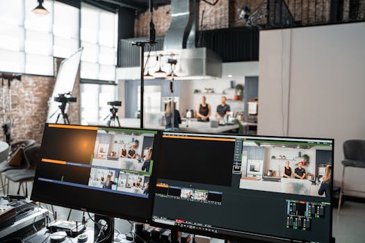 A dynamic setup in a video production studio with two monitors and a kitchen setting.