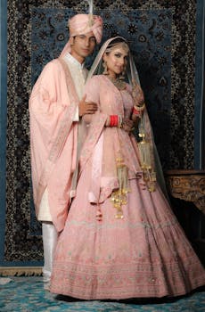Captivating South Asian couple posing in a romantic wedding scene with pastel outfits.