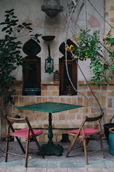 Charming outdoor cafe with vintage lanterns and rustic decor, perfect for leisurely moments.