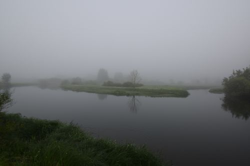 Free Serene and misty view of the Doubs River surrounded by lush greenery. Stock Photo