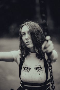 A monochrome portrait of a woman with messy hair holding a chain in an outdoor setting.