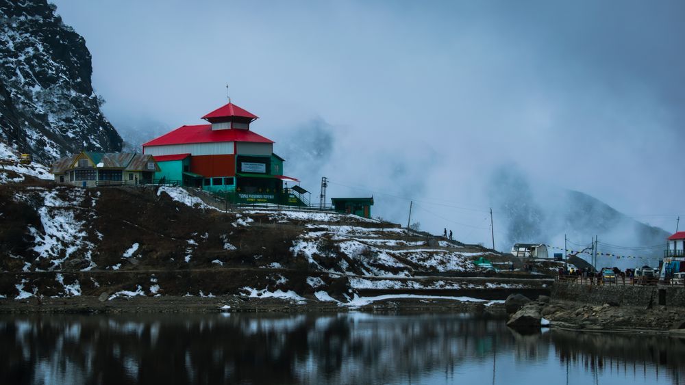 Snowy alpine lake landscape in East Sikkim
