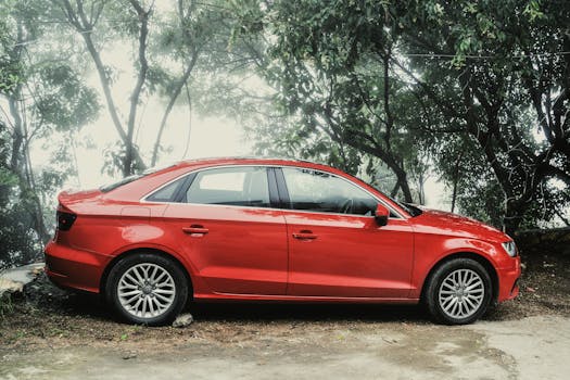 雾蒙蒙的日子里，一辆充满活力的红色轿车优雅地停在郁郁葱葱的绿化中