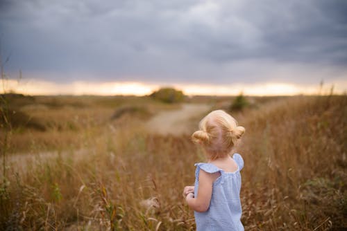 A Girl in Blu Dress Standing on Grass