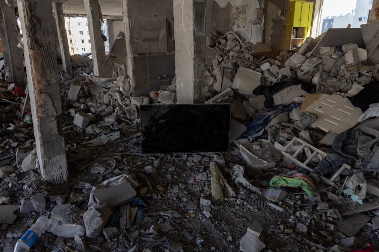 Flat Screen Television Inside A Destroyed House