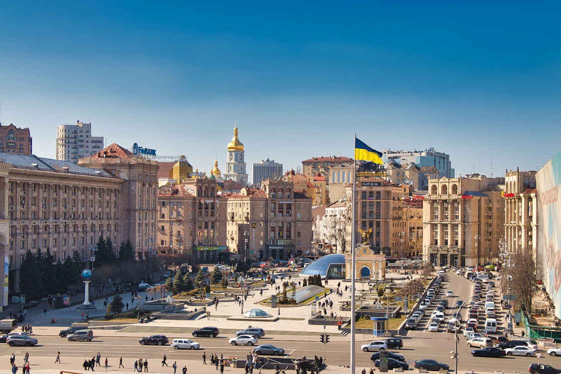 Cars and Buildings in City, Kiev, Ukraine