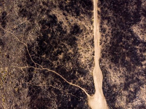 Free Drone shot of a barren, unpaved road cutting through Arizona's rugged terrain. Stock Photo