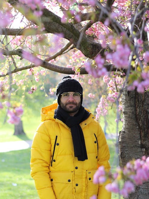 Man in Yellow Jacket Standing Under Cherry Blossom Tree